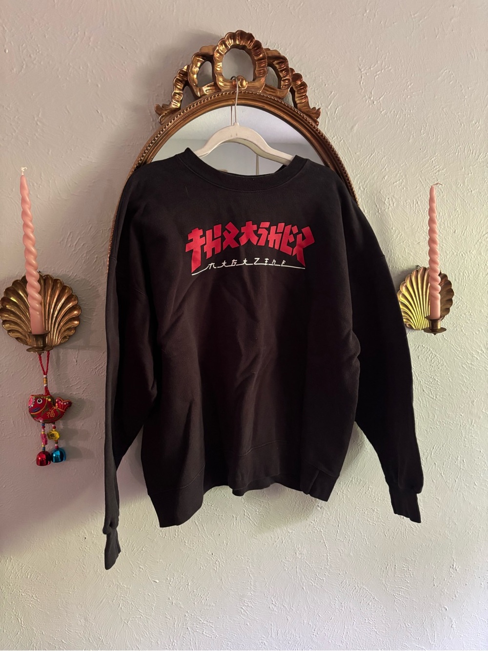 Thrasher Crewneck Sweatshirt with Japanese Red Logo in Black
